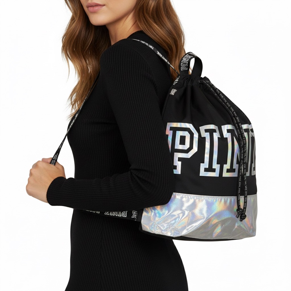 PINK Victoria's Secret Black and Holographic Chrome Backpack